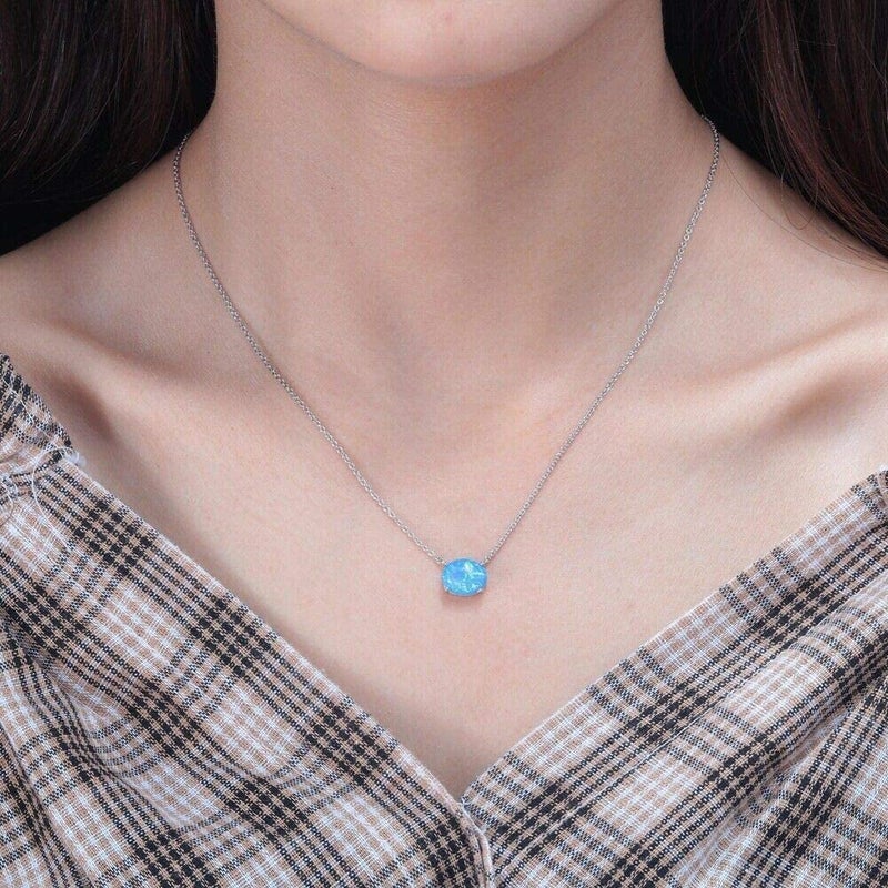 CiNily Blue Opal Necklace Small Pendant Necklace 18K Wihte Gold Plated Gemstone Simple Necklace for Women - Image 3